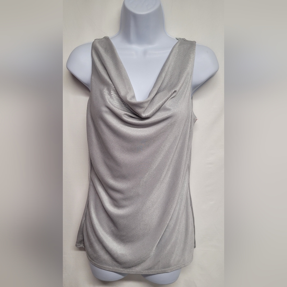 White House Black Market S Silver Shimmering Metallic Sleeveless Droop Cowlneck